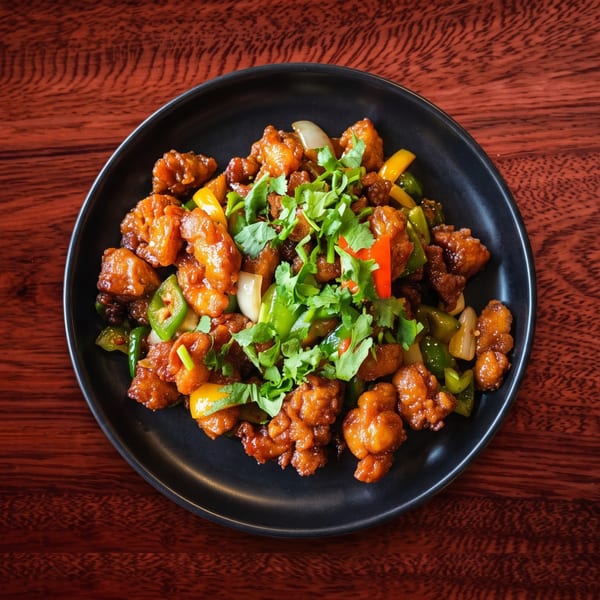 A black plate of orange chicken with green and yellow peppers, onions, and cilantro on a wooden table.