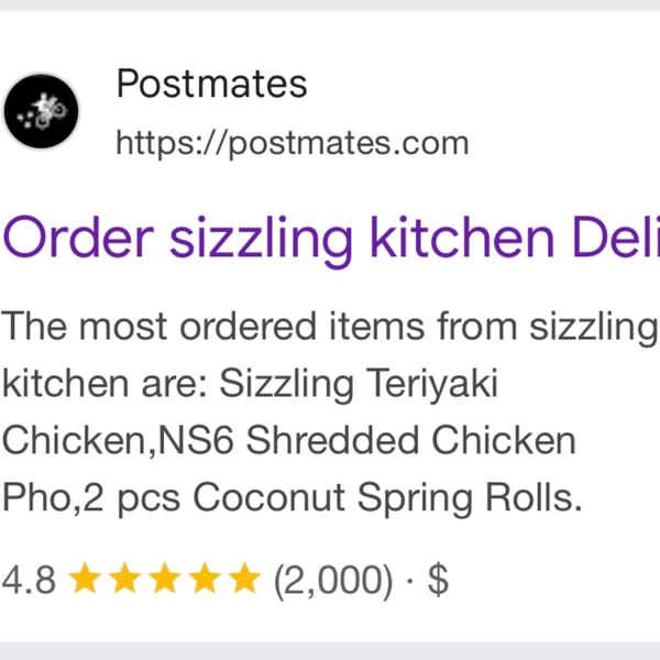 Postmates delivery service listing for Sizzling Kitchen, showing top ordered Asian-fusion dishes and a 4.8-star rating.