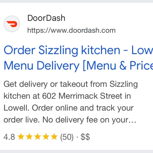 DoorDash search result for Sizzling Kitchen, showing delivery options, address, and a 4.8-star rating.