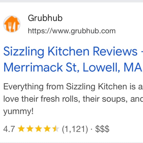 Grubhub search result for Sizzling Kitchen Reviews, showing 4.7 stars from 1,121 reviews.