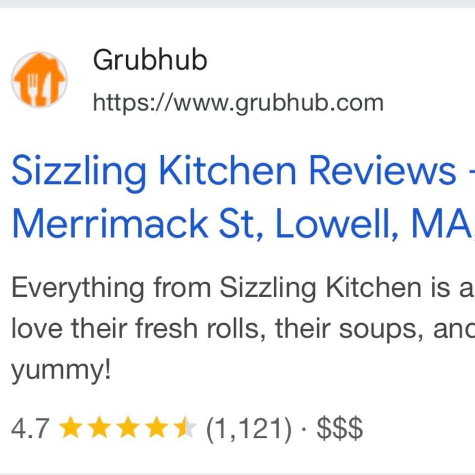 Grubhub search result for Sizzling Kitchen Reviews, showing 4.7 stars from 1,121 reviews.