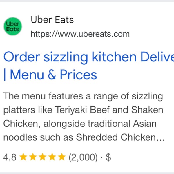 Uber Eats search result for Sizzling Kitchen, showing menu items and a 4.8-star rating.