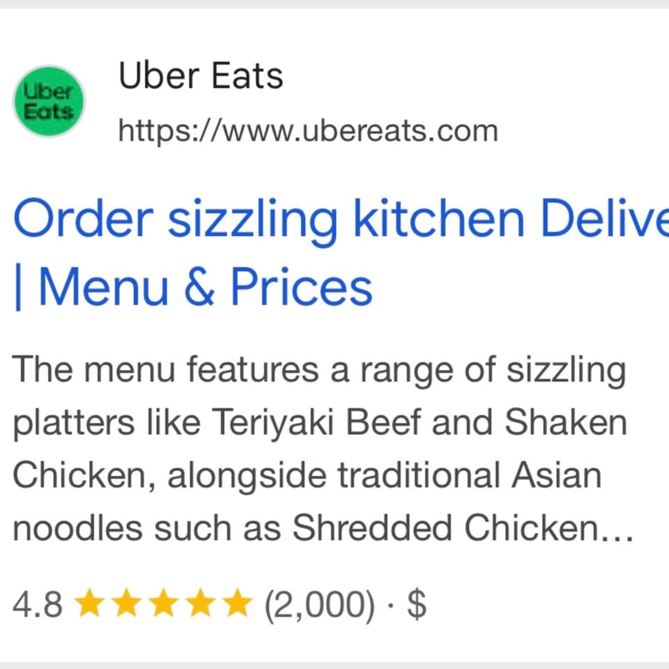 Uber Eats search result for Sizzling Kitchen, showing menu items and a 4.8-star rating.