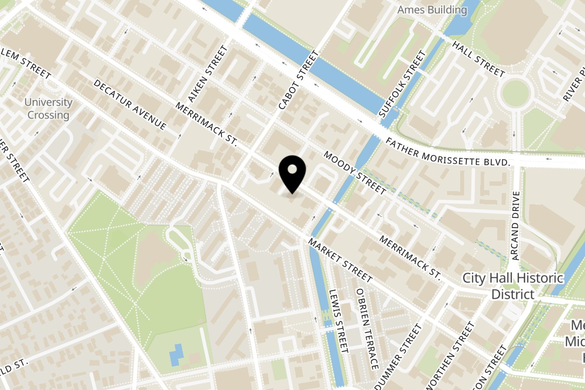 Map showing the location of Sizzling Kitchen on 602 Merrimack St in Lowell